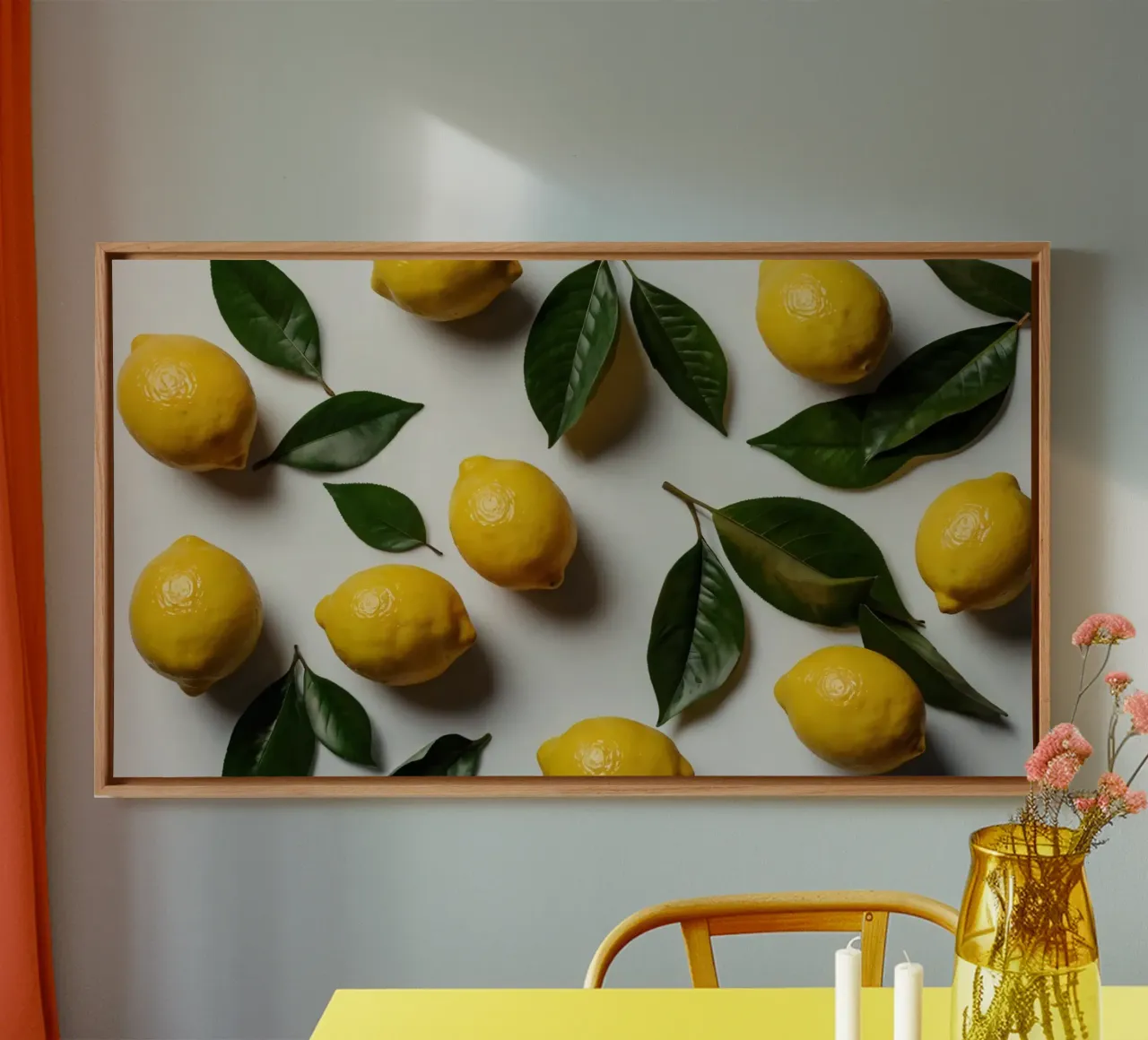 Limoni appena colti con foglie verdi disposti artisticamente. tela da DesignDoodle
