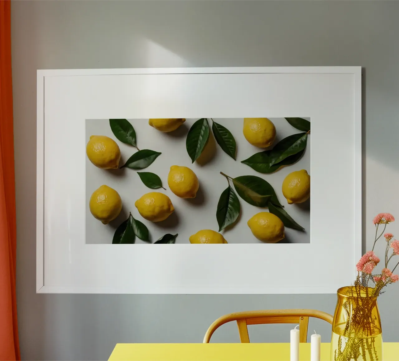 Limoni appena colti con foglie verdi disposti artisticamente. carta hahnemühle da DesignDoodle