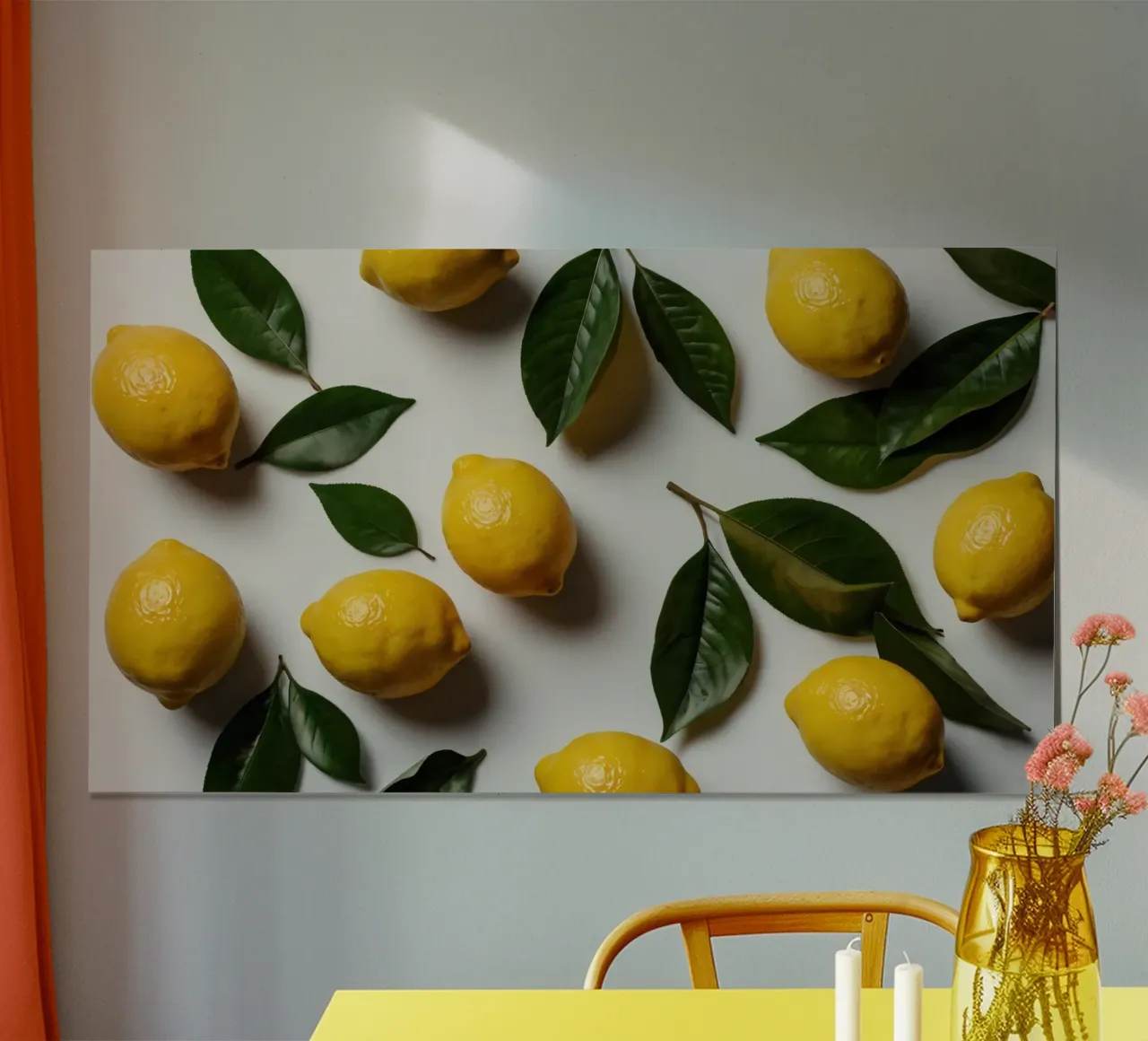 Limoni appena colti con foglie verdi disposti artisticamente. carta hahnemühle da DesignDoodle