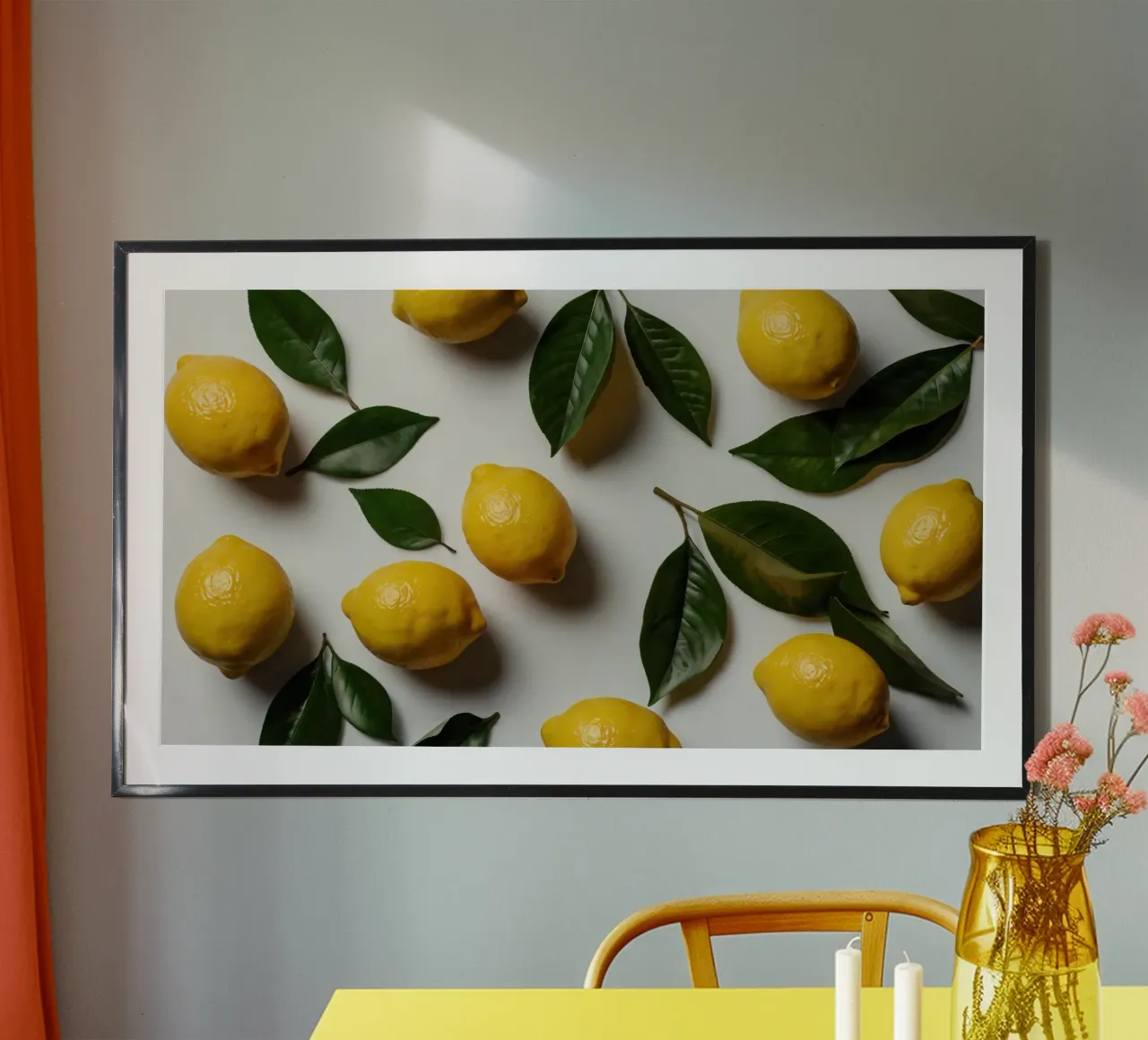 Limoni appena colti con foglie verdi disposti artisticamente. carta hahnemühle da DesignDoodle
