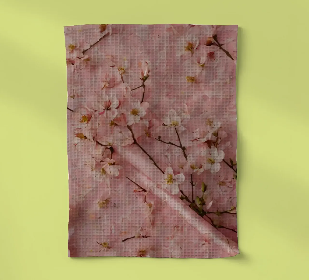 Delicati fiori di ciliegio rosa disposti su un tappeto rosa tenue canovaccio da cucina da DesignDoodle
