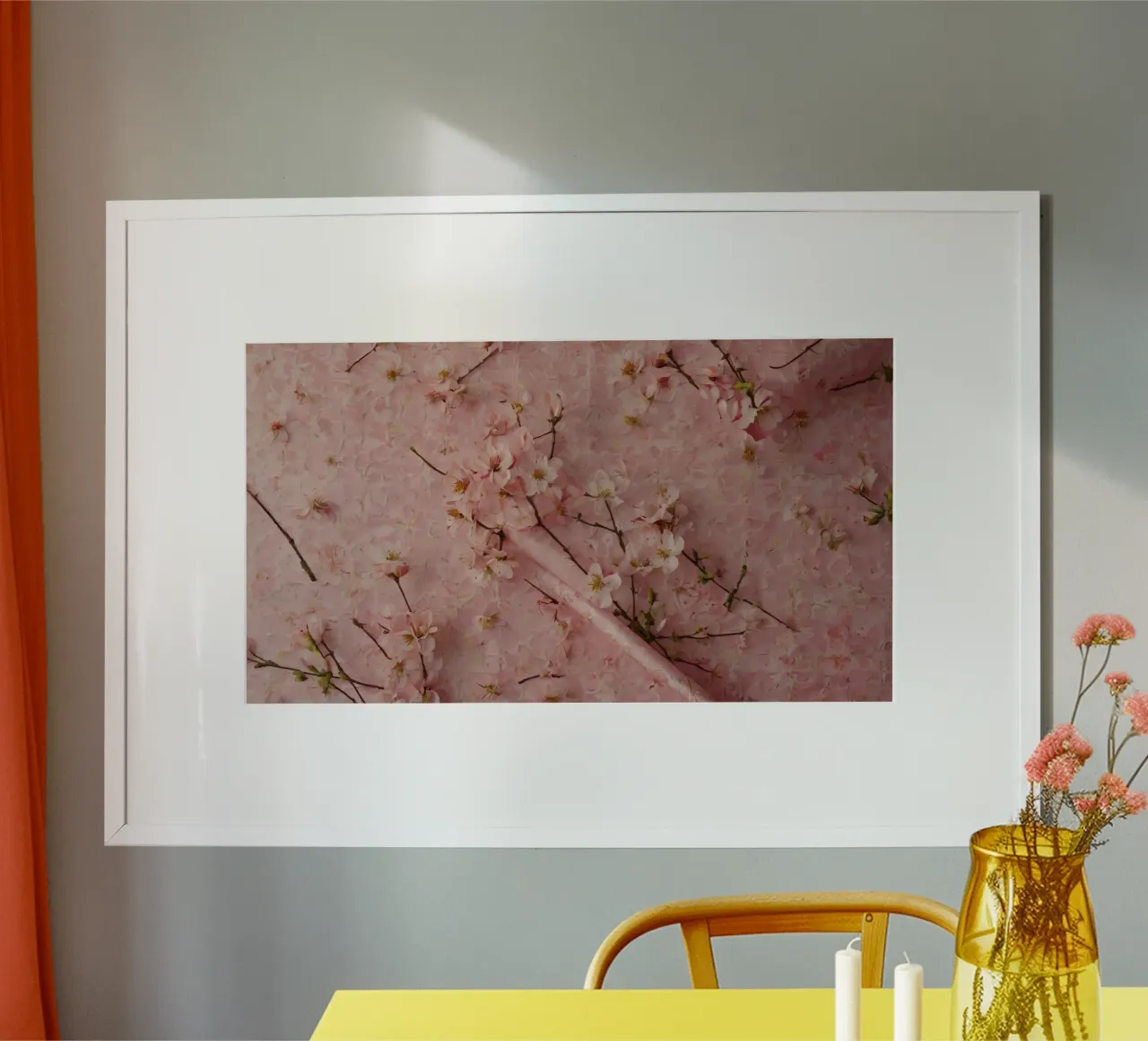 Delicati fiori di ciliegio rosa disposti su un tappeto rosa tenue poster da DesignDoodle