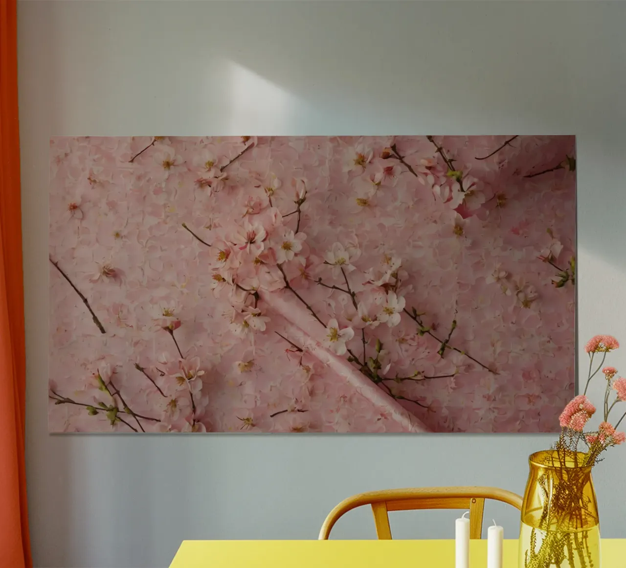 Delicati fiori di ciliegio rosa disposti su un tappeto rosa tenue poster da DesignDoodle