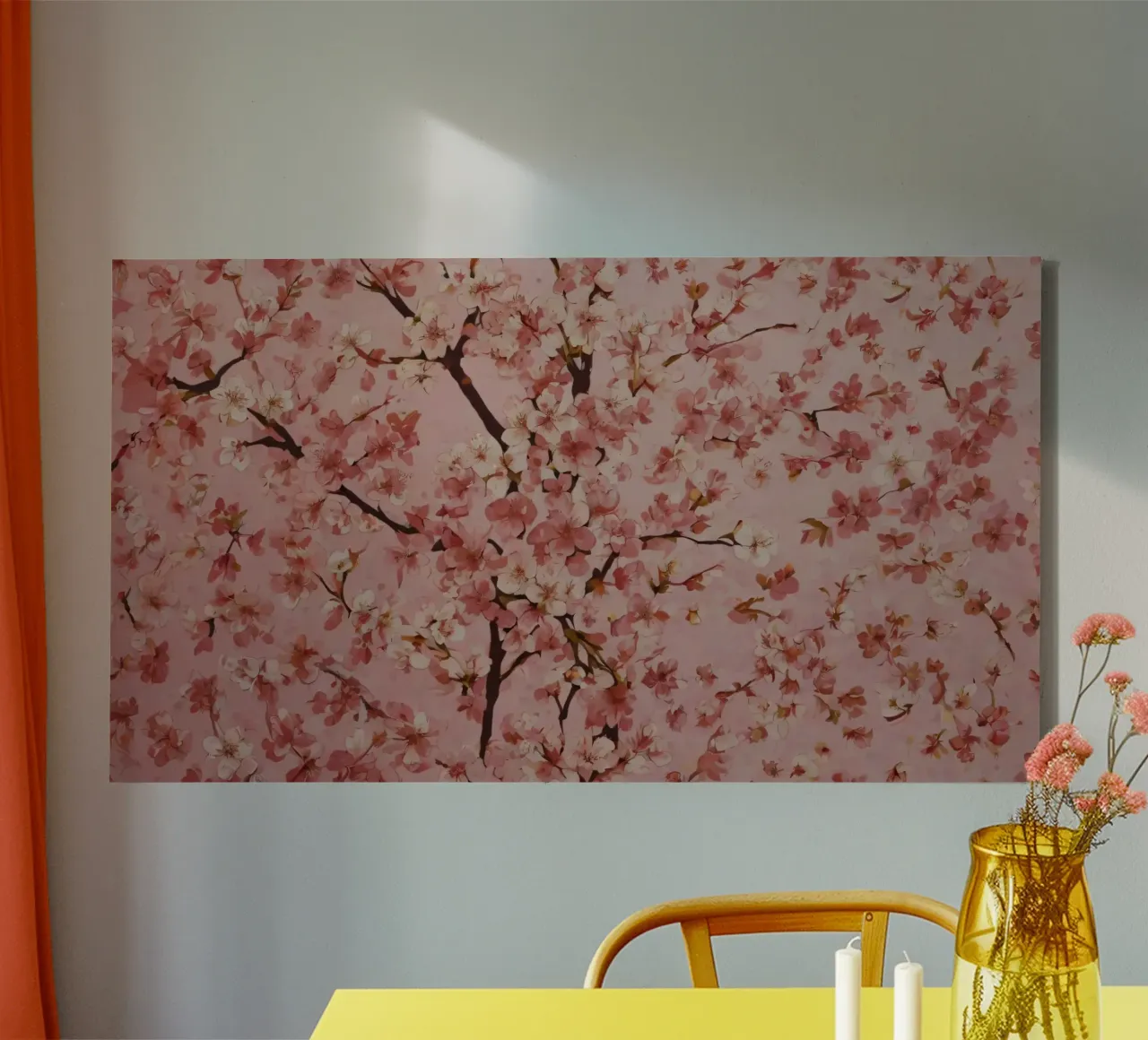 Beautiful pink cherry blossom pattern on soft pink backgroun canvas by DesignDoodle