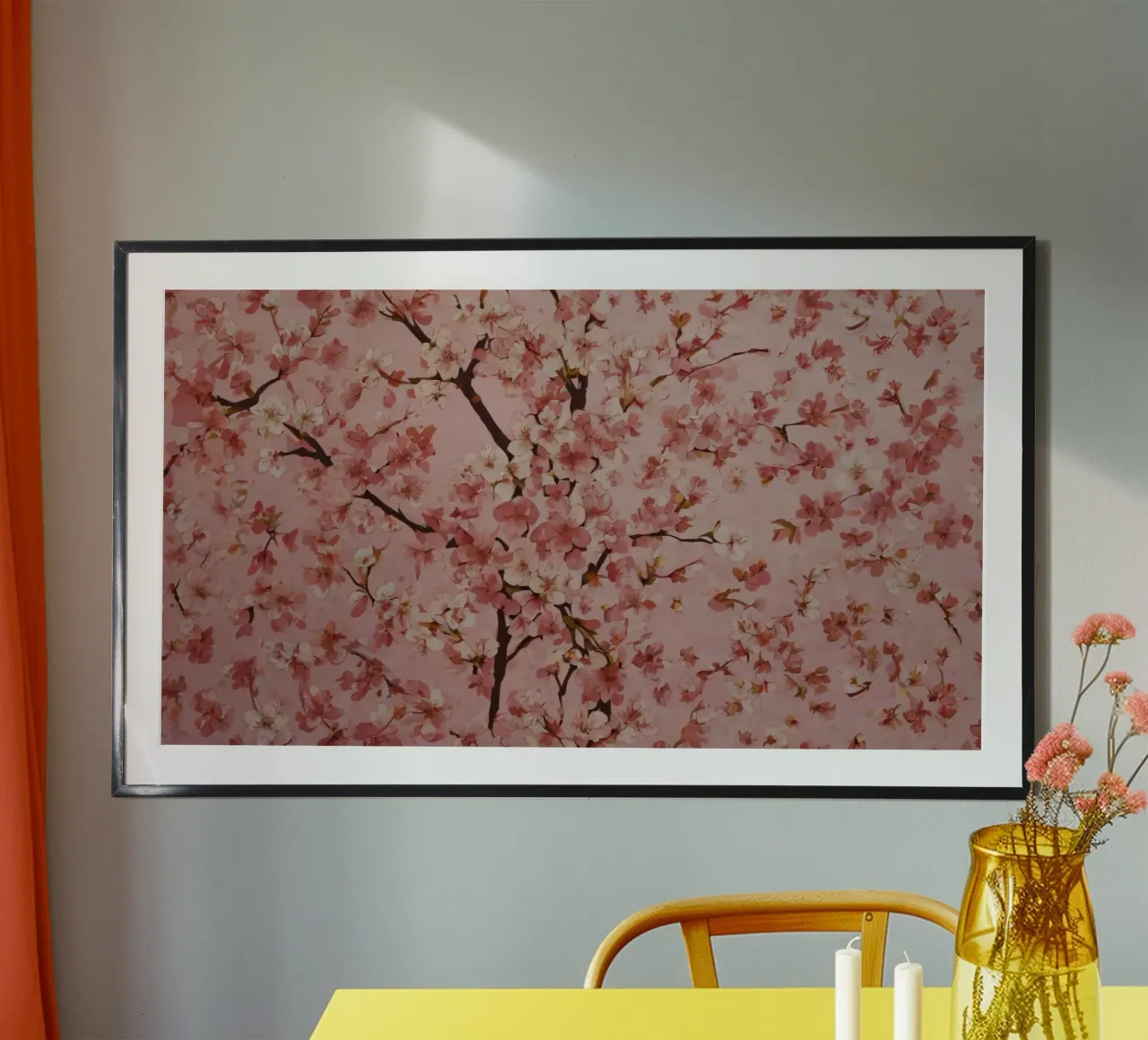 Beautiful pink cherry blossom pattern on soft pink backgroun poster with aluminum frame by DesignDoodle