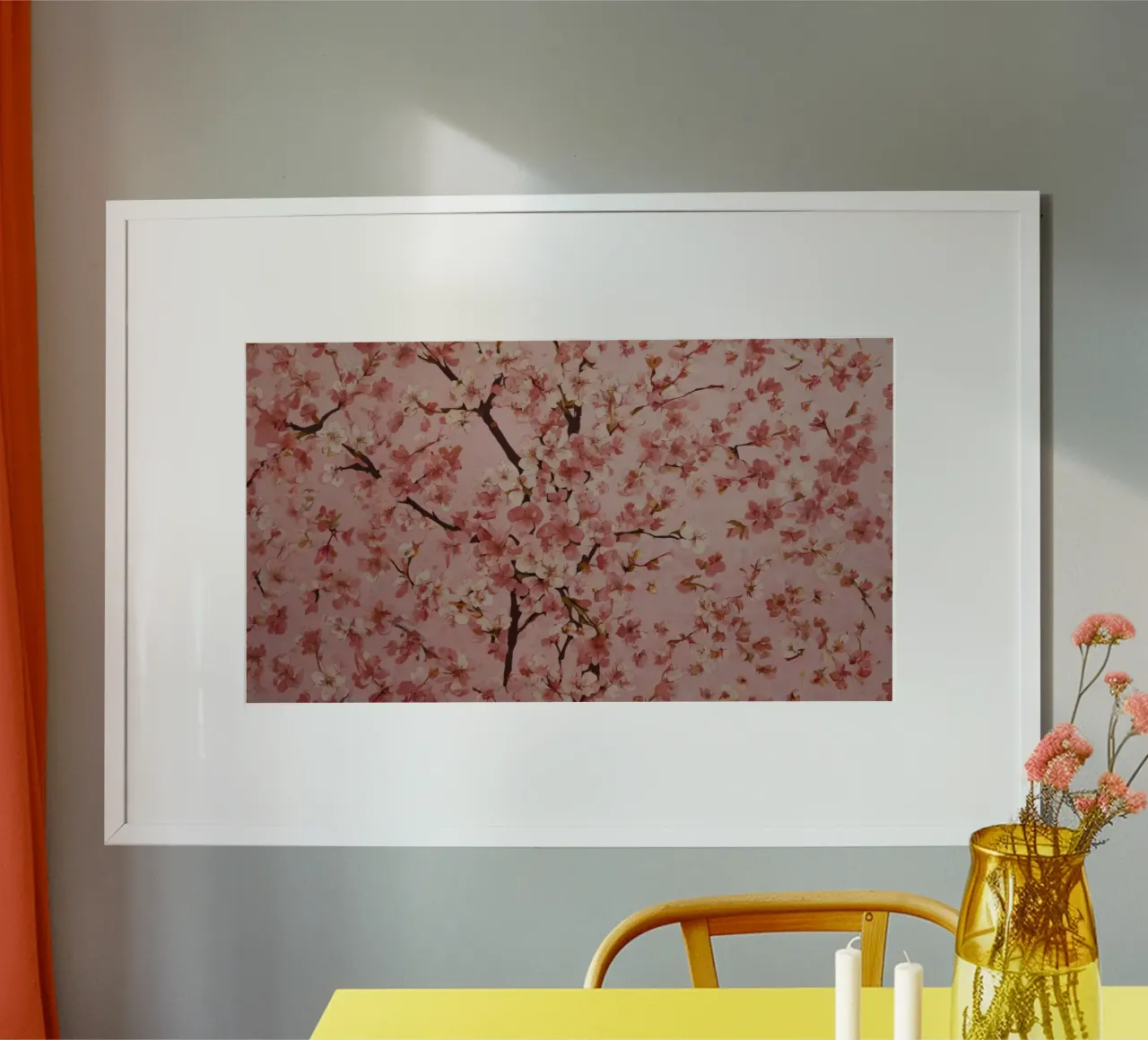 Beautiful pink cherry blossom pattern on soft pink backgroun poster with aluminum frame by DesignDoodle