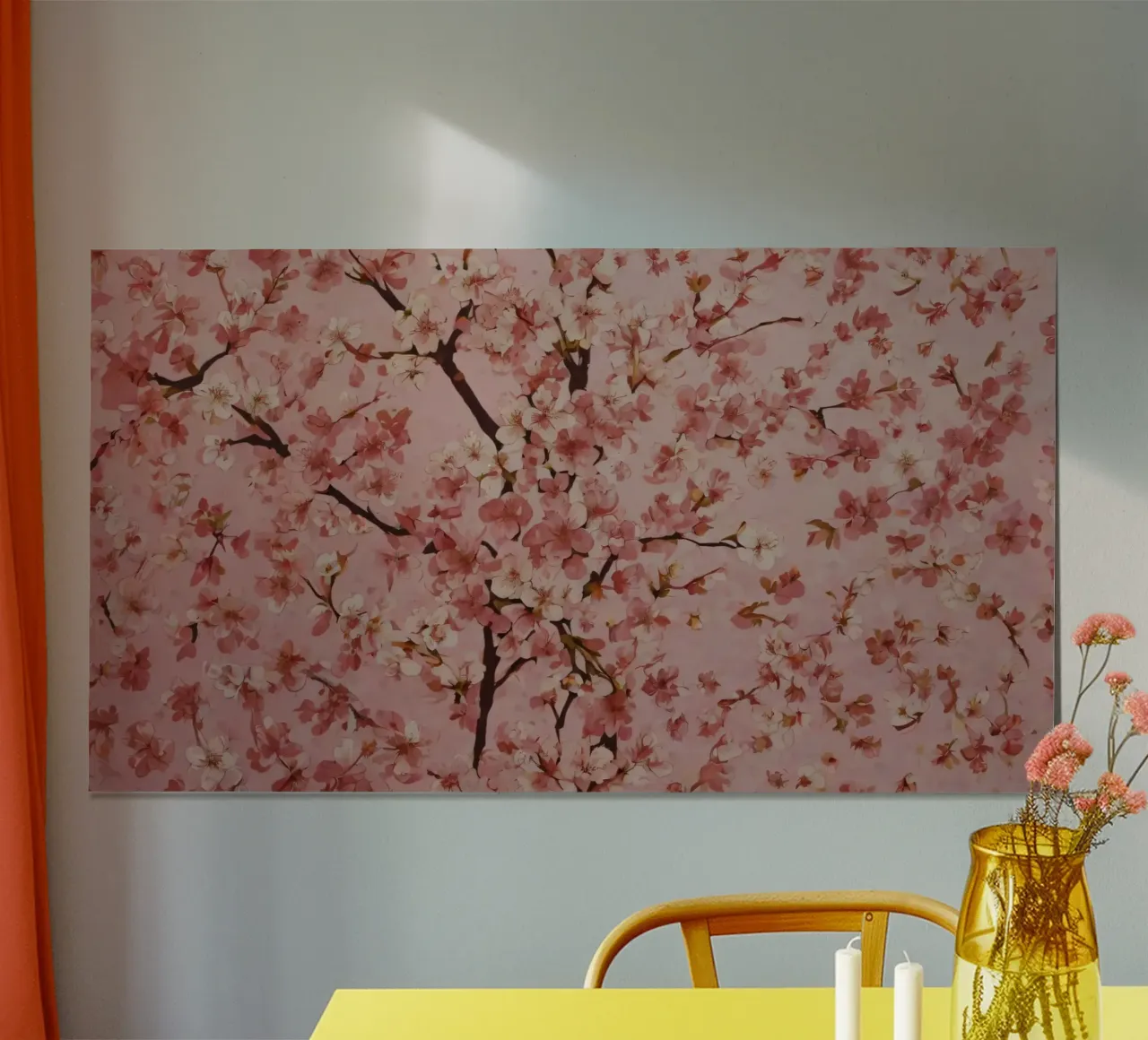 Beautiful pink cherry blossom pattern on soft pink backgroun poster with aluminum frame by DesignDoodle