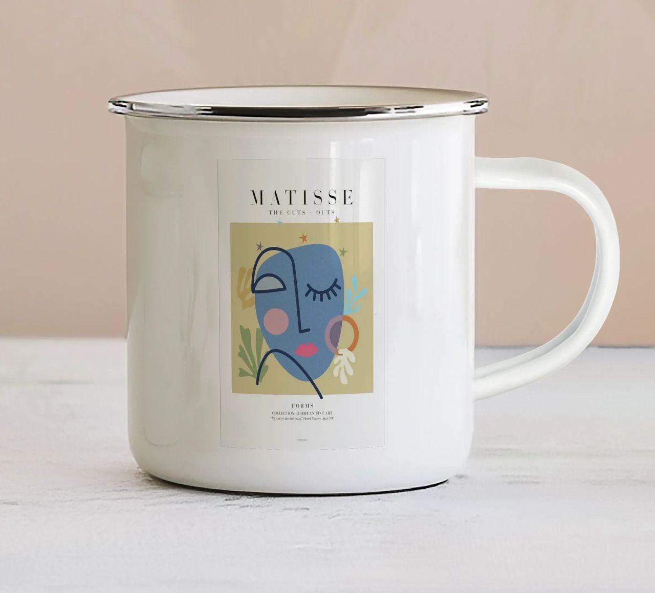 volto chiuso occhi blu volto astratto volto linee curve tazza in smalto da Luke Yaeger