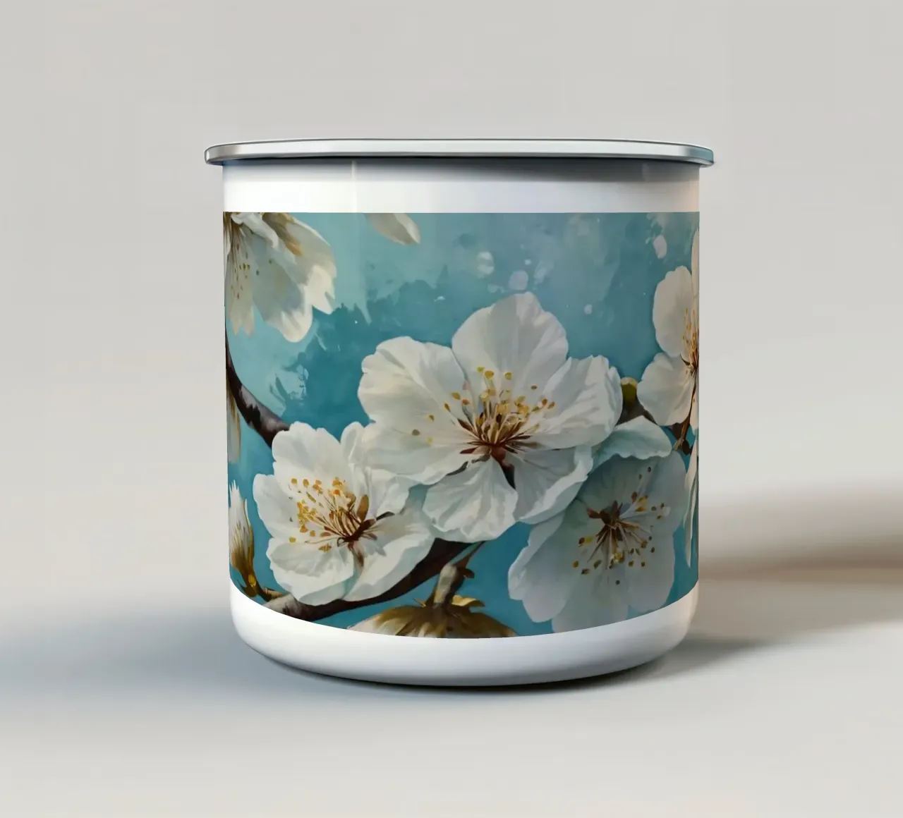 Delicati e tranquilli fiori di ciliegio bianco in fiore tazza in smalto da DesignDoodle