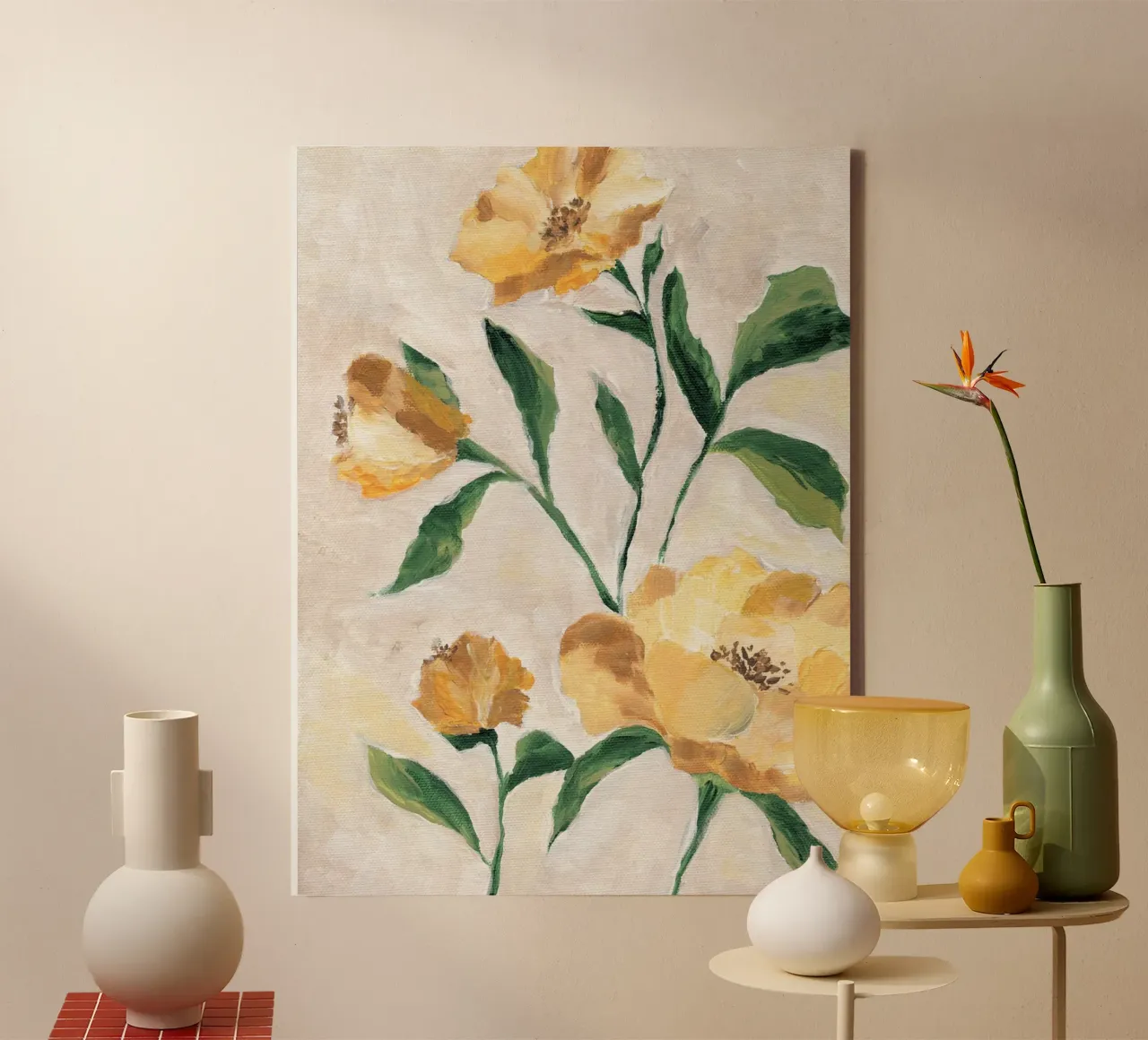 Flores amarillas pictóricas lienzo con Marco flotante de Nikitajariwala