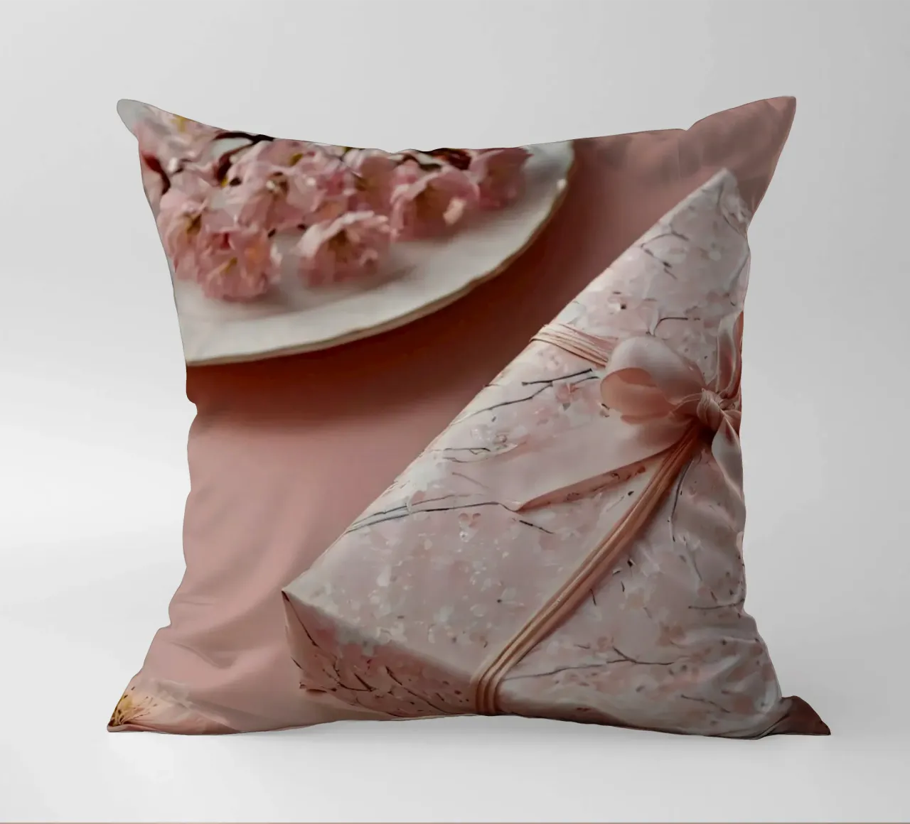 A beautifully wrapped gift box with pastel cherry blossom decorative cushion by DesignDoodle