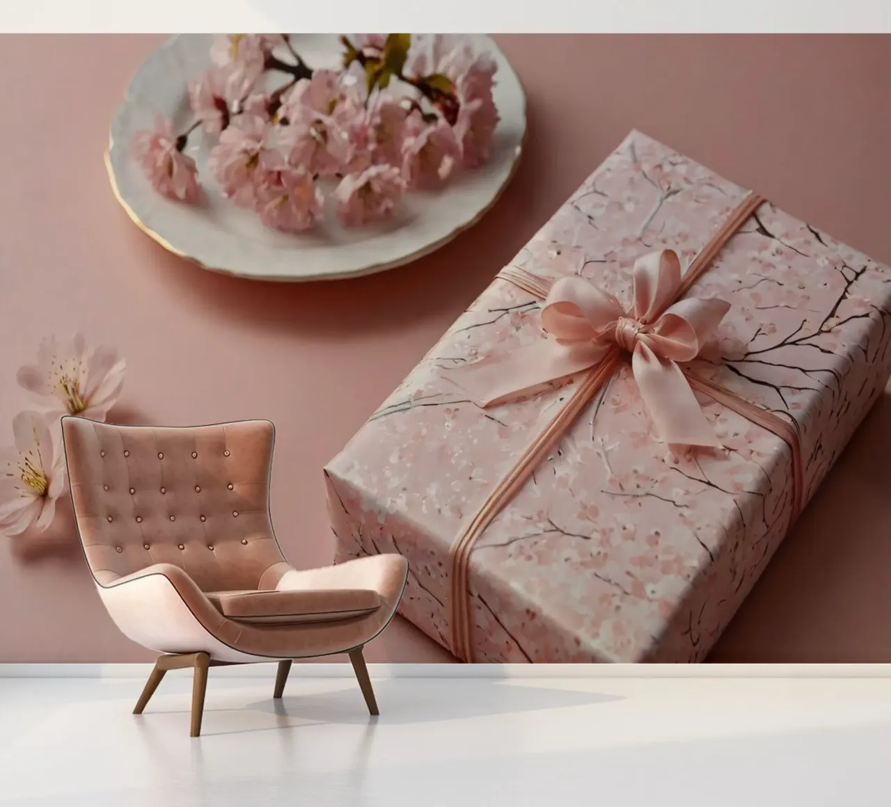 A beautifully wrapped gift box with pastel cherry blossom photo wallpaper by DesignDoodle