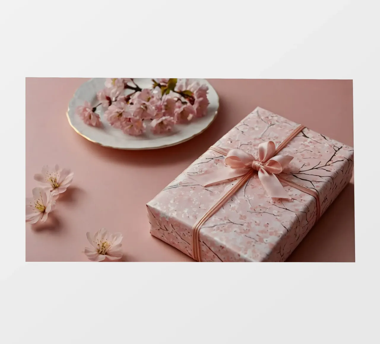 A beautifully wrapped gift box with pastel cherry blossom photo wallpaper by DesignDoodle