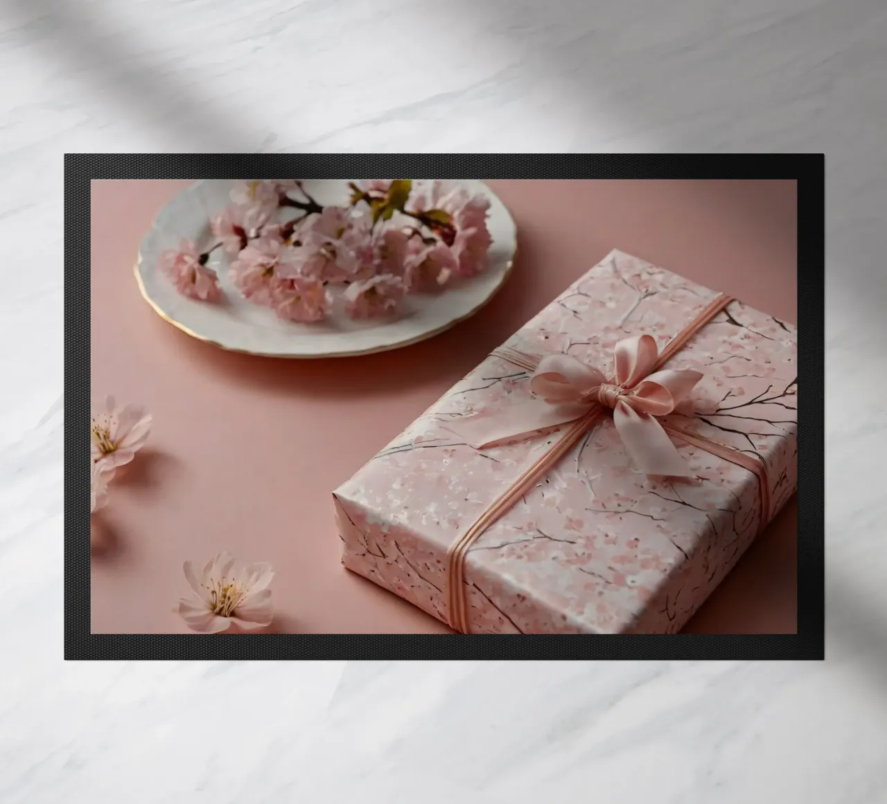 Una confezione regalo splendidamente confezionata con fiori di ciliegio pastello zerbino da DesignDoodle