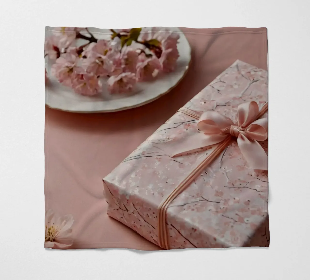 Una confezione regalo splendidamente confezionata con fiori di ciliegio pastello coperta in pile da DesignDoodle