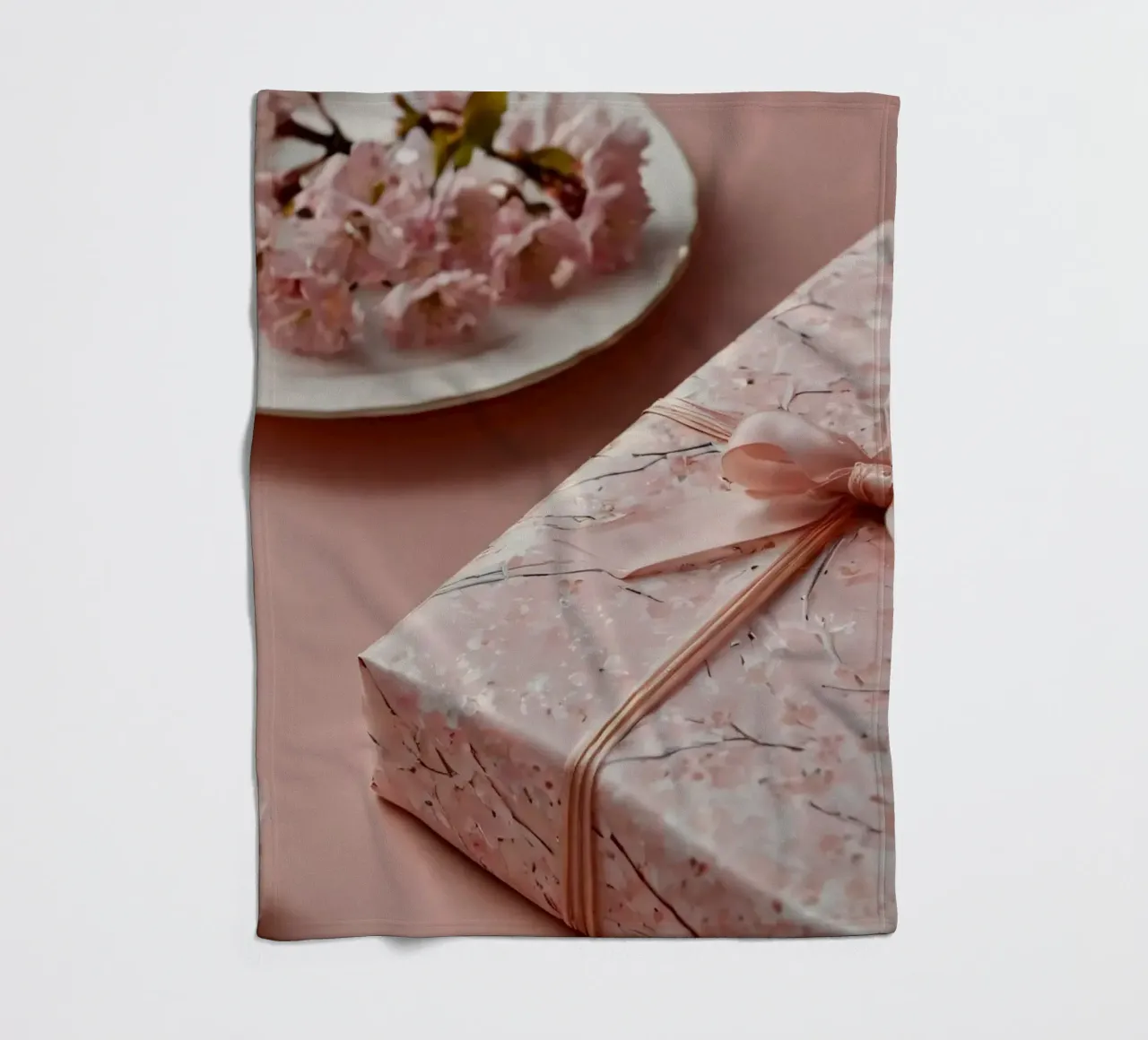 Una confezione regalo splendidamente confezionata con fiori di ciliegio pastello coperta in pile da DesignDoodle