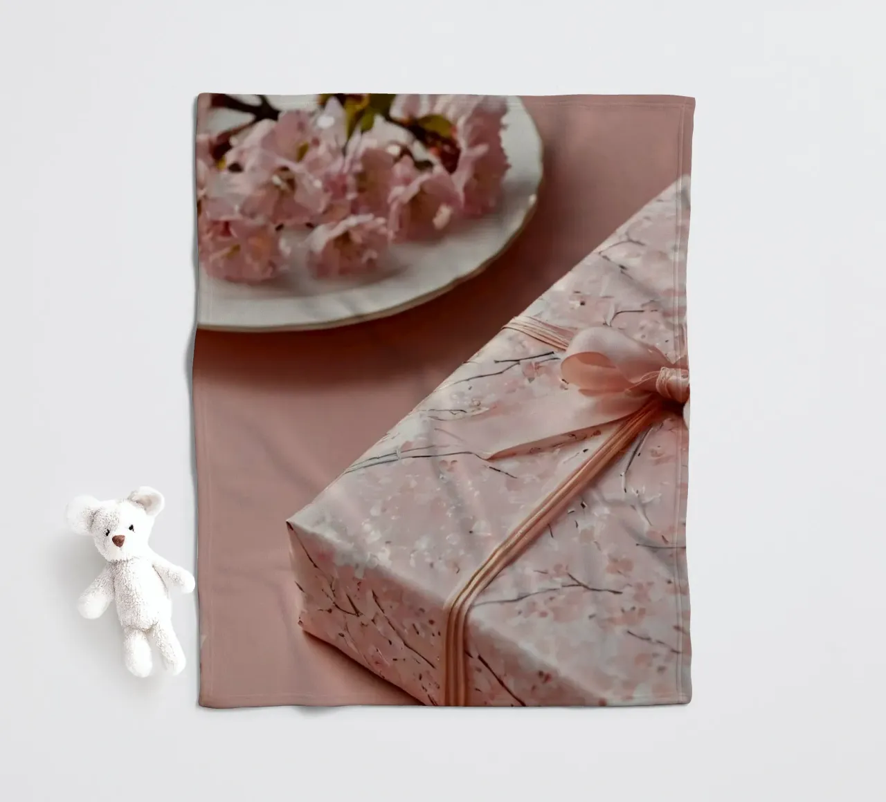 Una confezione regalo splendidamente confezionata con fiori di ciliegio pastello coperta in pile da DesignDoodle