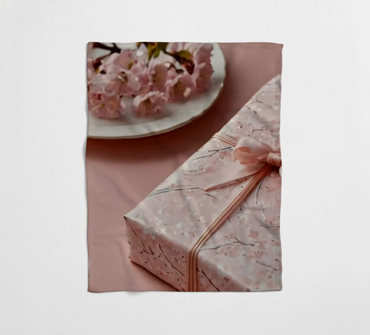 Una confezione regalo splendidamente confezionata con fiori di ciliegio pastello coperta in pile da DesignDoodle