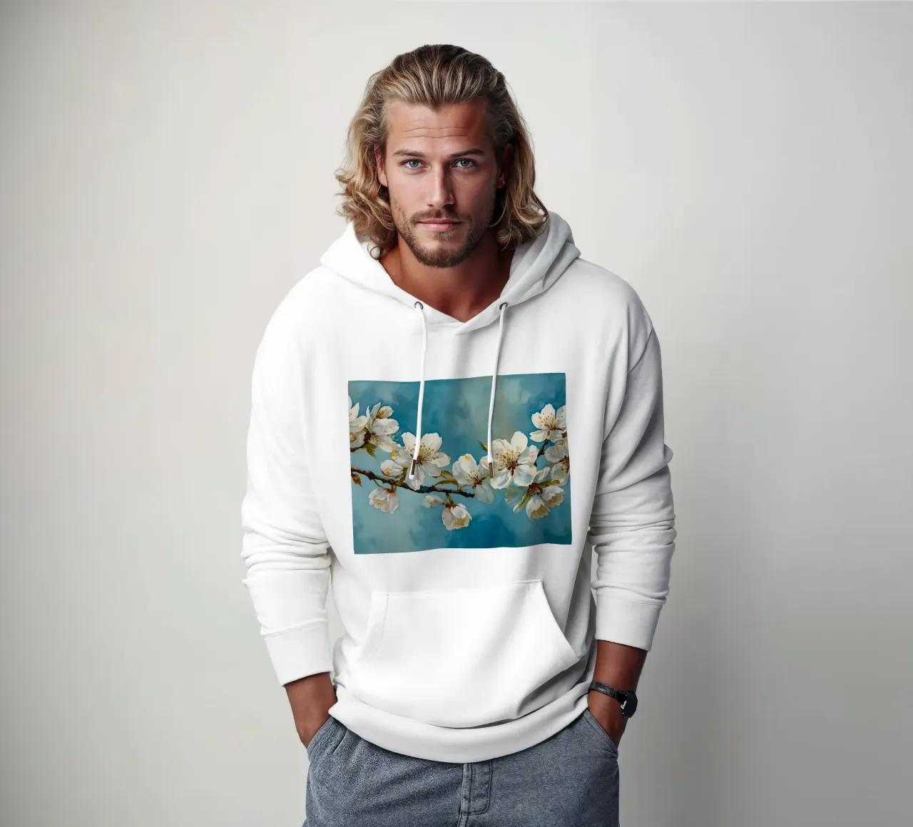 Blossoming cherry tree branch adorned with delicate white hoodie by DesignDoodle