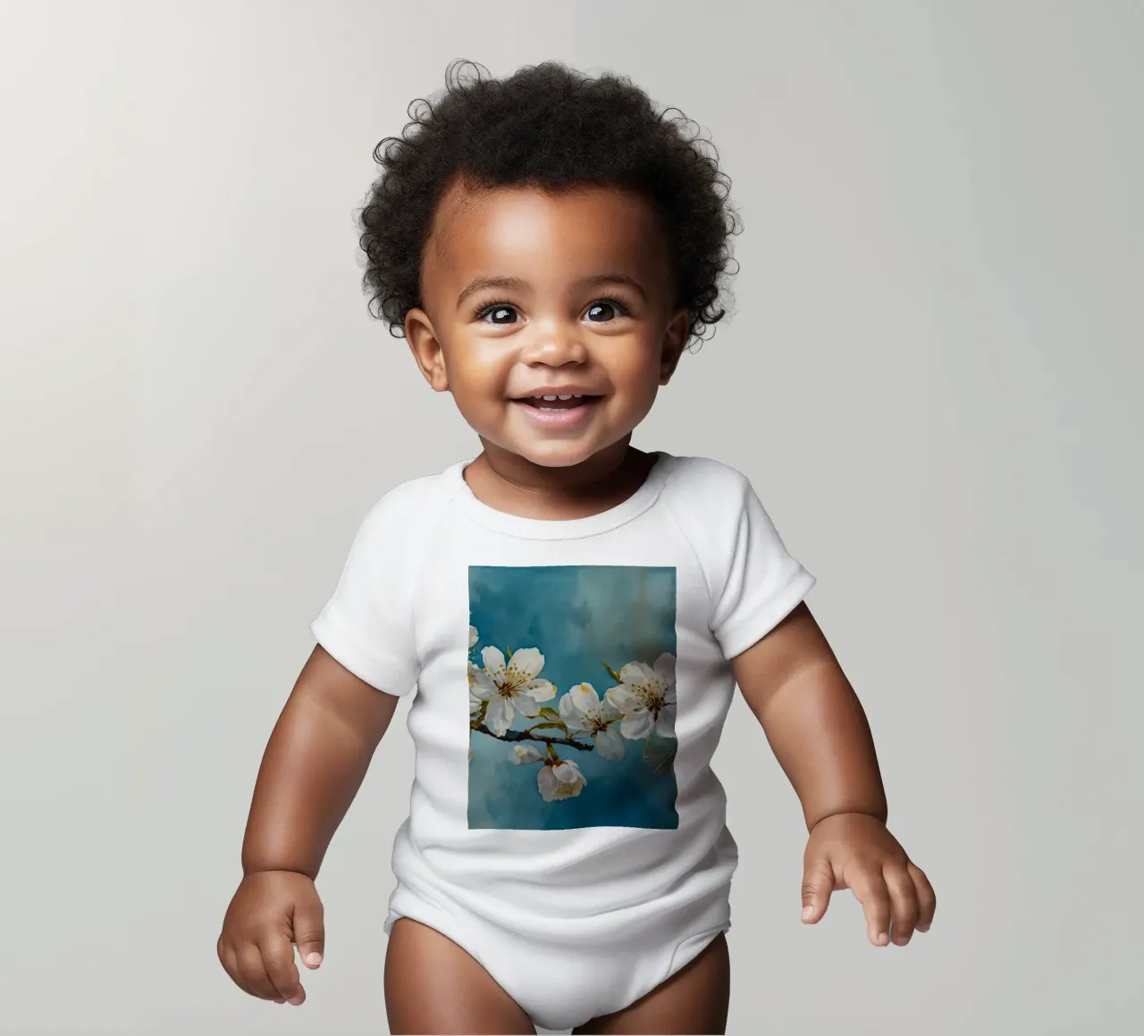 Blossoming cherry tree branch adorned with delicate white short-sleeve baby romper by DesignDoodle