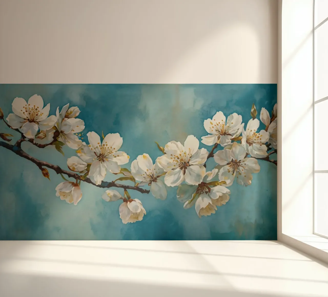 Blossoming cherry tree branch adorned with delicate white photo wallpaper by DesignDoodle