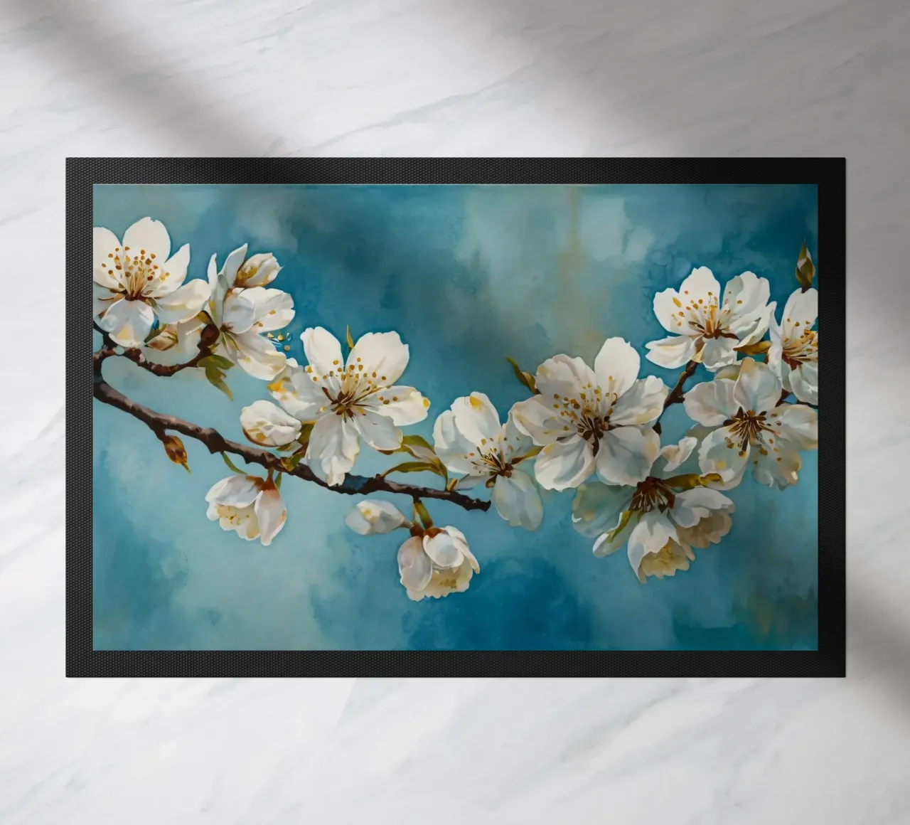 Blossoming cherry tree branch adorned with delicate white doormat by DesignDoodle