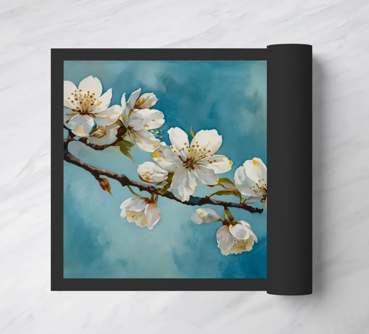 Blossoming cherry tree branch adorned with delicate white doormat by DesignDoodle