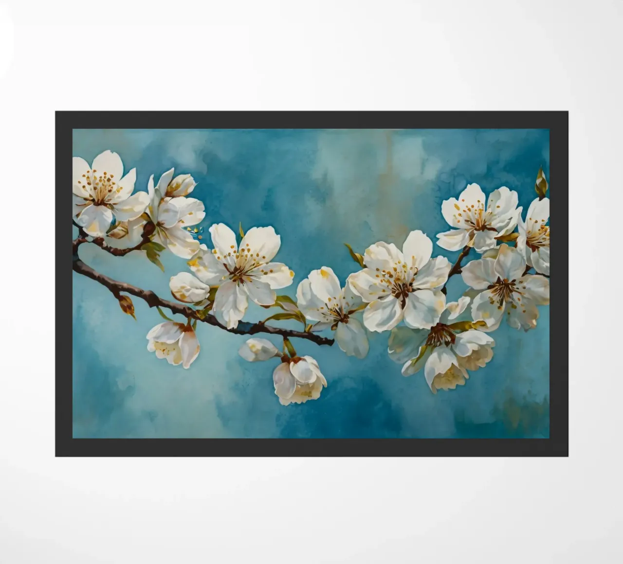 Blossoming cherry tree branch adorned with delicate white doormat by DesignDoodle
