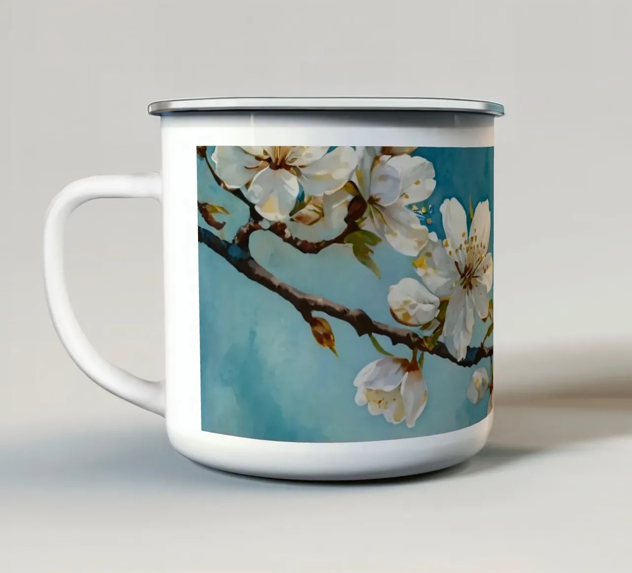 Bloeiende kersenboomtak versierd met delicate witte emaille mok van DesignDoodle
