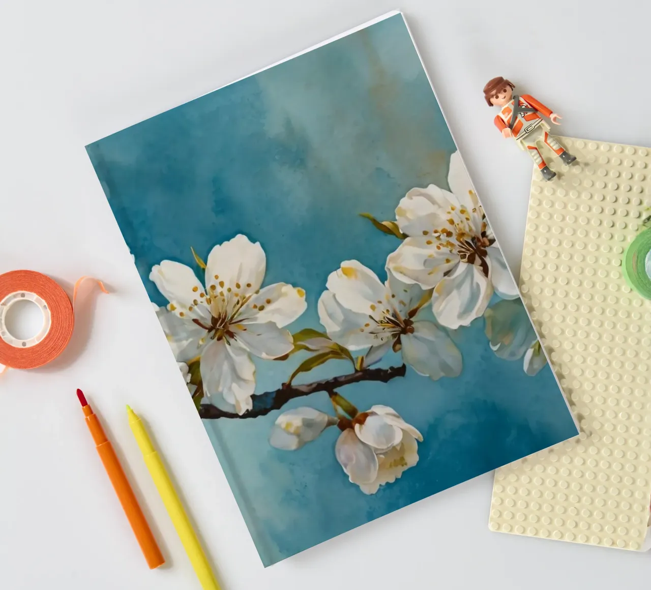 Blossoming cherry tree branch adorned with delicate white notebook by DesignDoodle