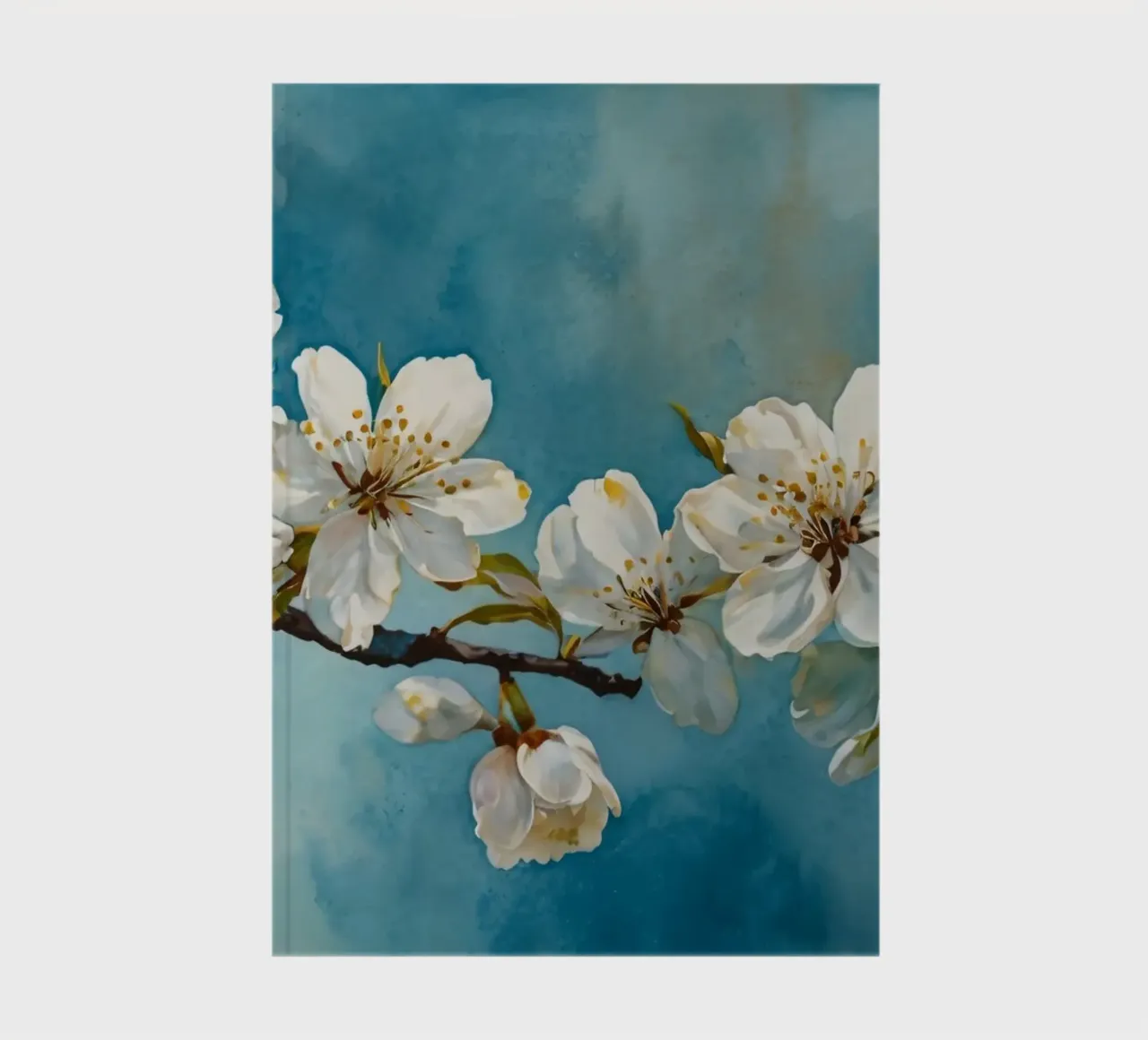 Blossoming cherry tree branch adorned with delicate white notebook by DesignDoodle
