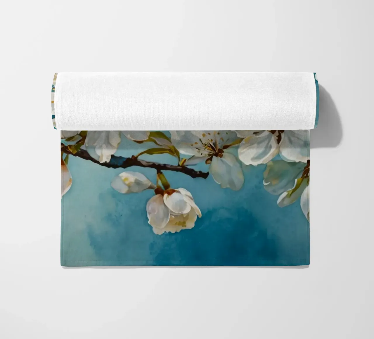 Blossoming cherry tree branch adorned with delicate white beach towel by DesignDoodle