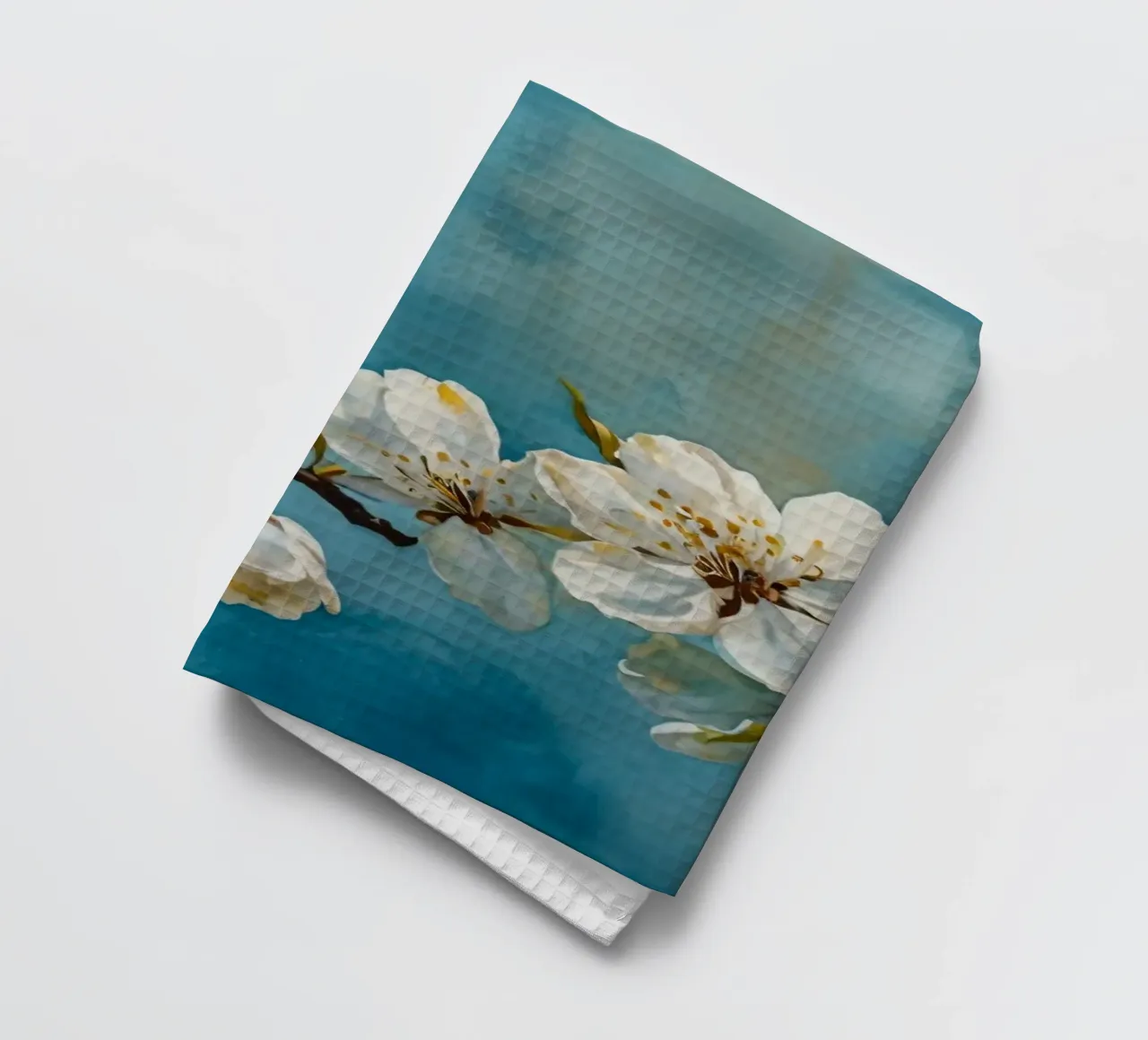 Branche de cerisier en fleurs ornée de délicates fleurs blanches. torchon de DesignDoodle