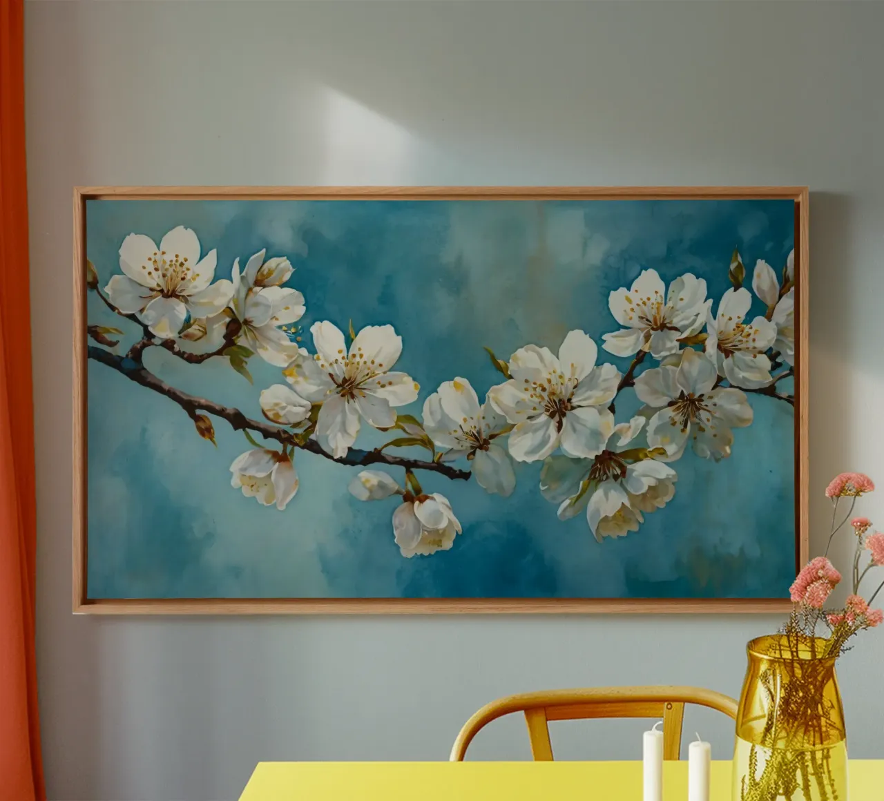 Blossoming cherry tree branch adorned with delicate white canvas by DesignDoodle
