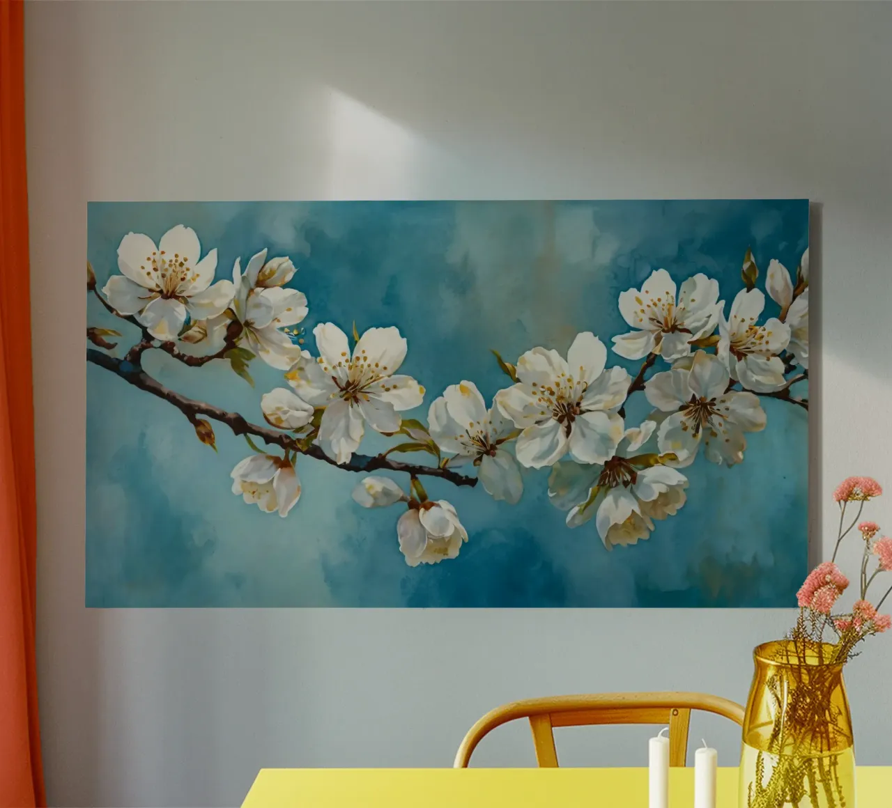 Blossoming cherry tree branch adorned with delicate white canvas by DesignDoodle