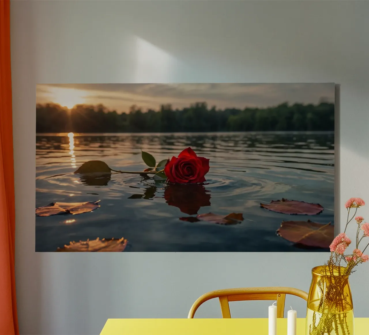 A single red rose floats gracefully on calm water at sunset canvas with Floater frame by DesignDoodle