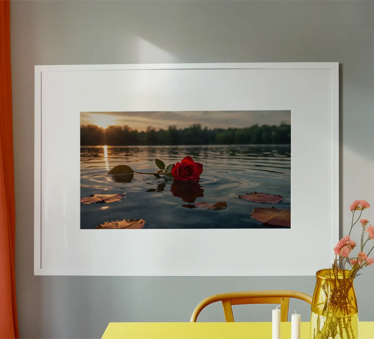 Una singola rosa rossa galleggia con grazia sull'acqua calma al tramonto poster con telaio in plastica da DesignDoodle