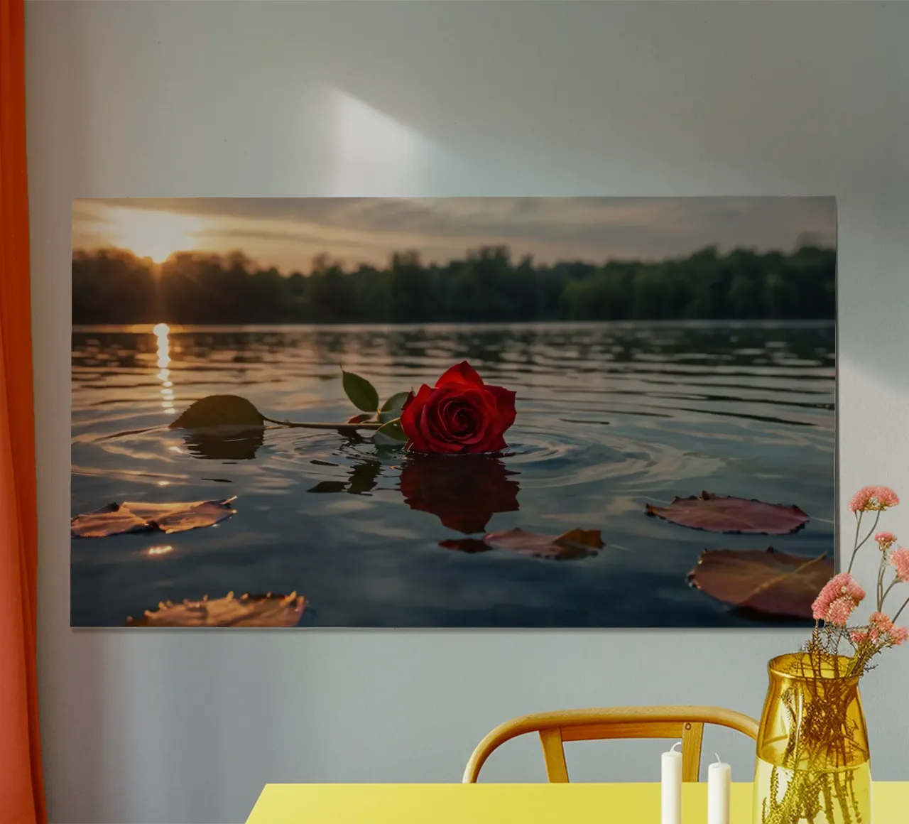 Una singola rosa rossa galleggia con grazia sull'acqua calma al tramonto poster con telaio in plastica da DesignDoodle