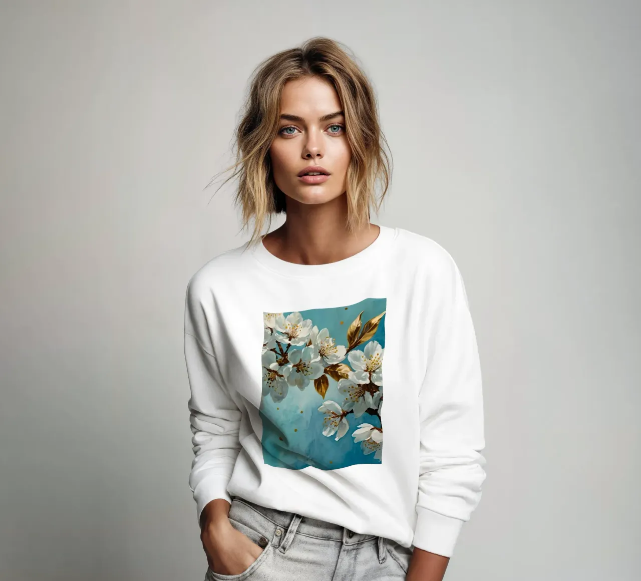 Ramo di ciliegio con fiori bianchi e foglie d'oro felpa da DesignDoodle