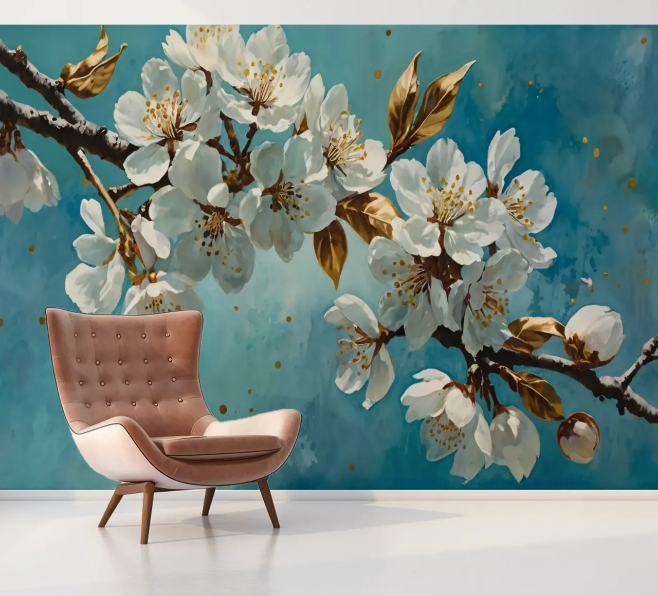 Ramo di ciliegio con fiori bianchi e foglie d'oro carta da parati fotografica da DesignDoodle