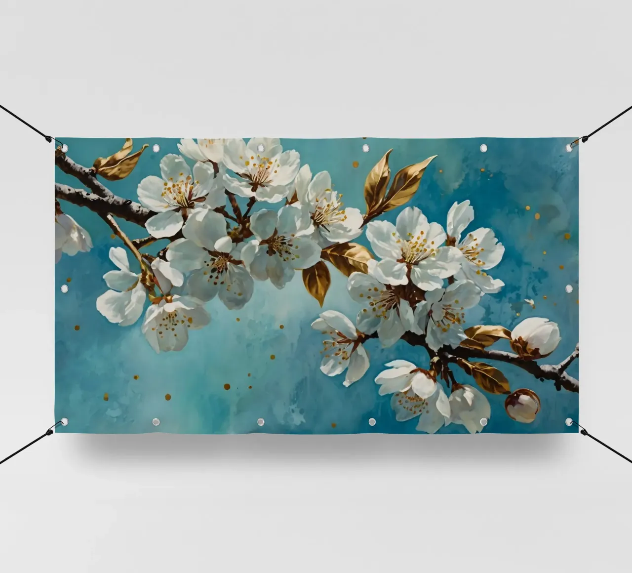 Ramo di ciliegio con fiori bianchi e foglie d'oro telo in pvc da DesignDoodle