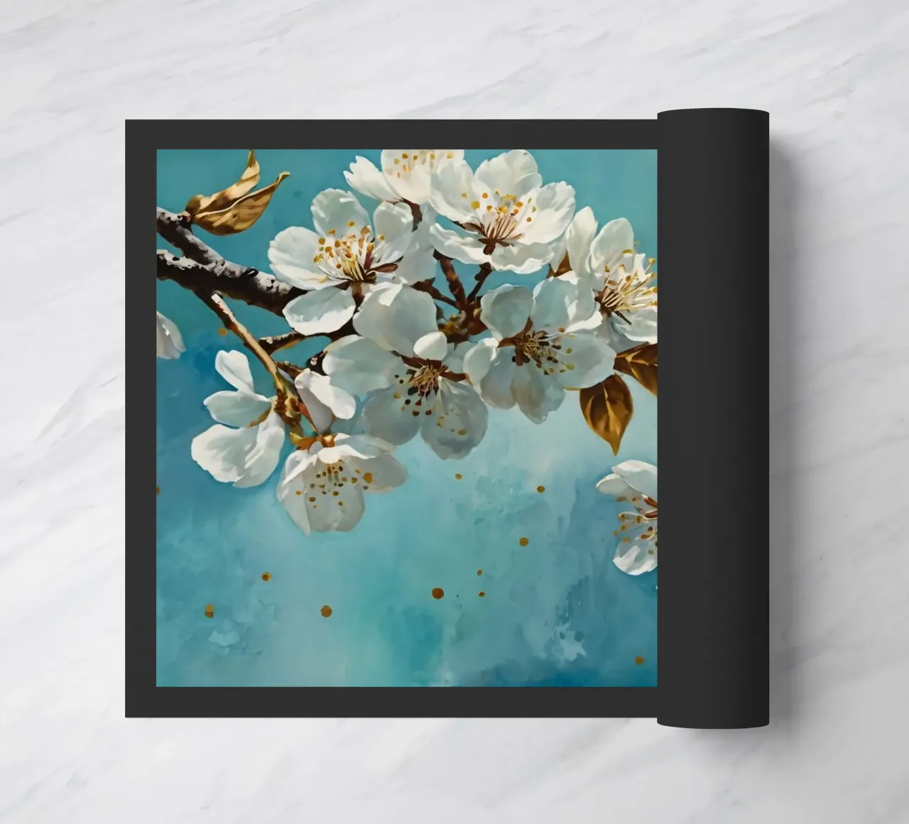 Ramo di ciliegio con fiori bianchi e foglie d'oro zerbino da DesignDoodle