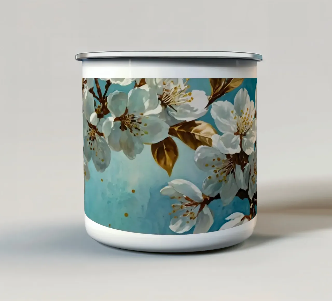 Ramo di ciliegio con fiori bianchi e foglie d'oro tazza in smalto da DesignDoodle