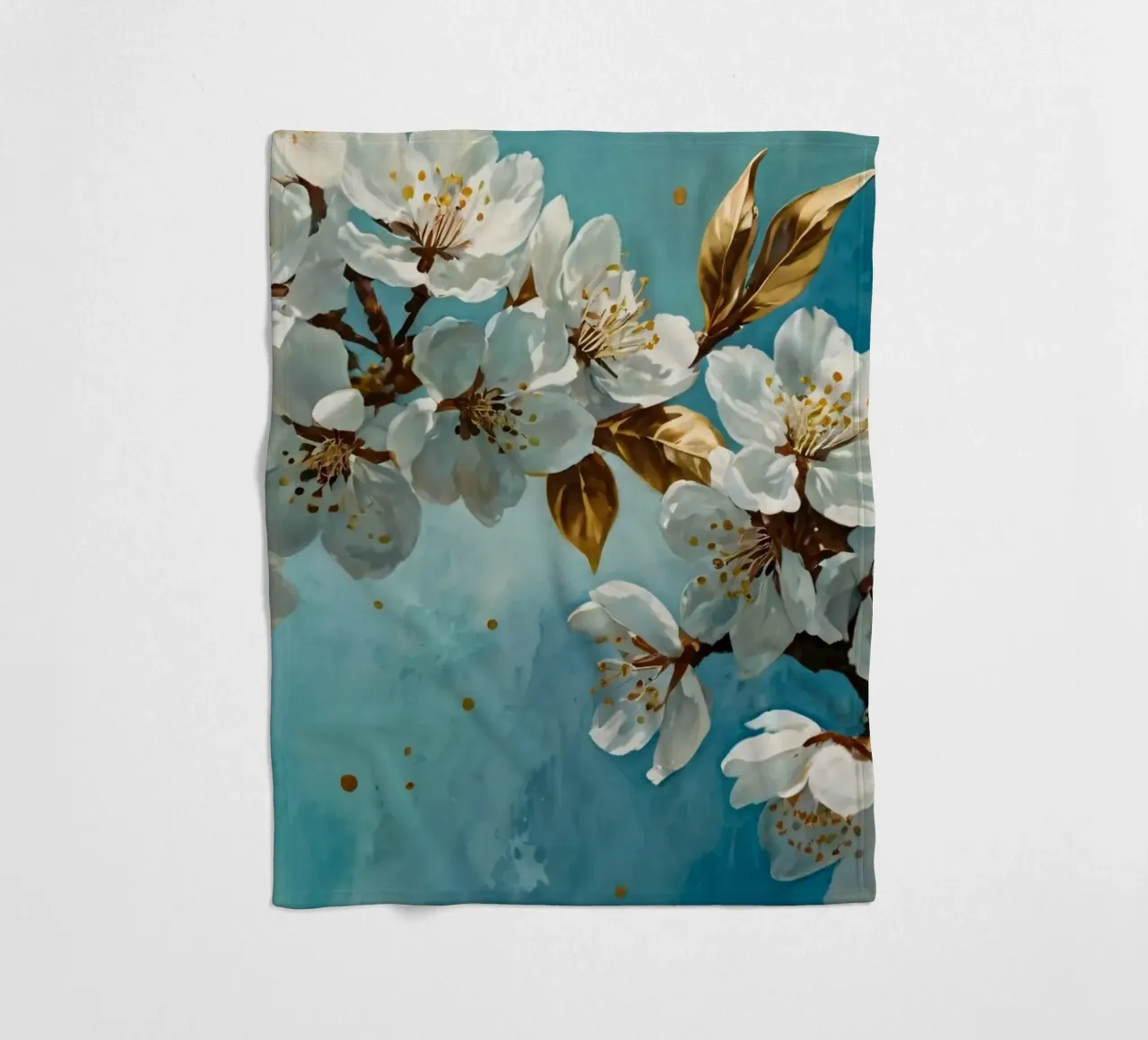 Ramo di ciliegio con fiori bianchi e foglie d'oro coperta in pile da DesignDoodle