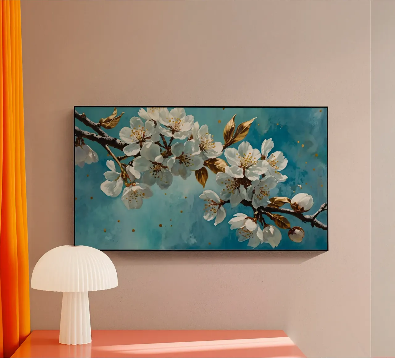 Ramo di ciliegio con fiori bianchi e foglie d'oro plexiglass da DesignDoodle
