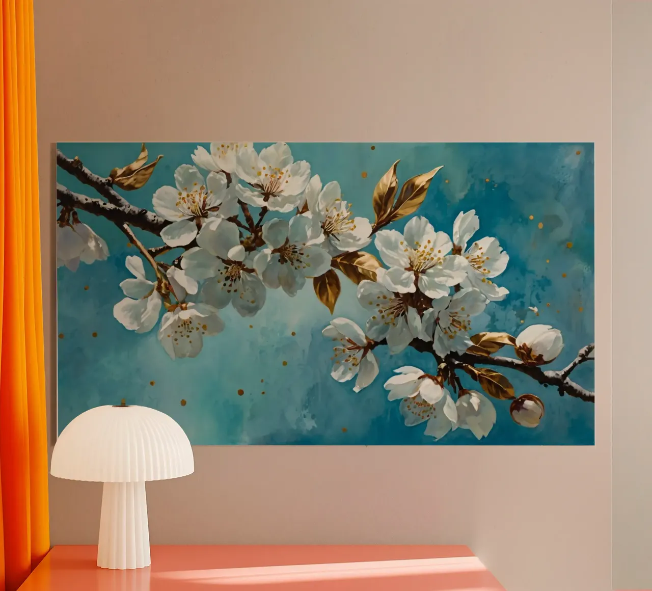 Ramo di ciliegio con fiori bianchi e foglie d'oro plexiglass da DesignDoodle