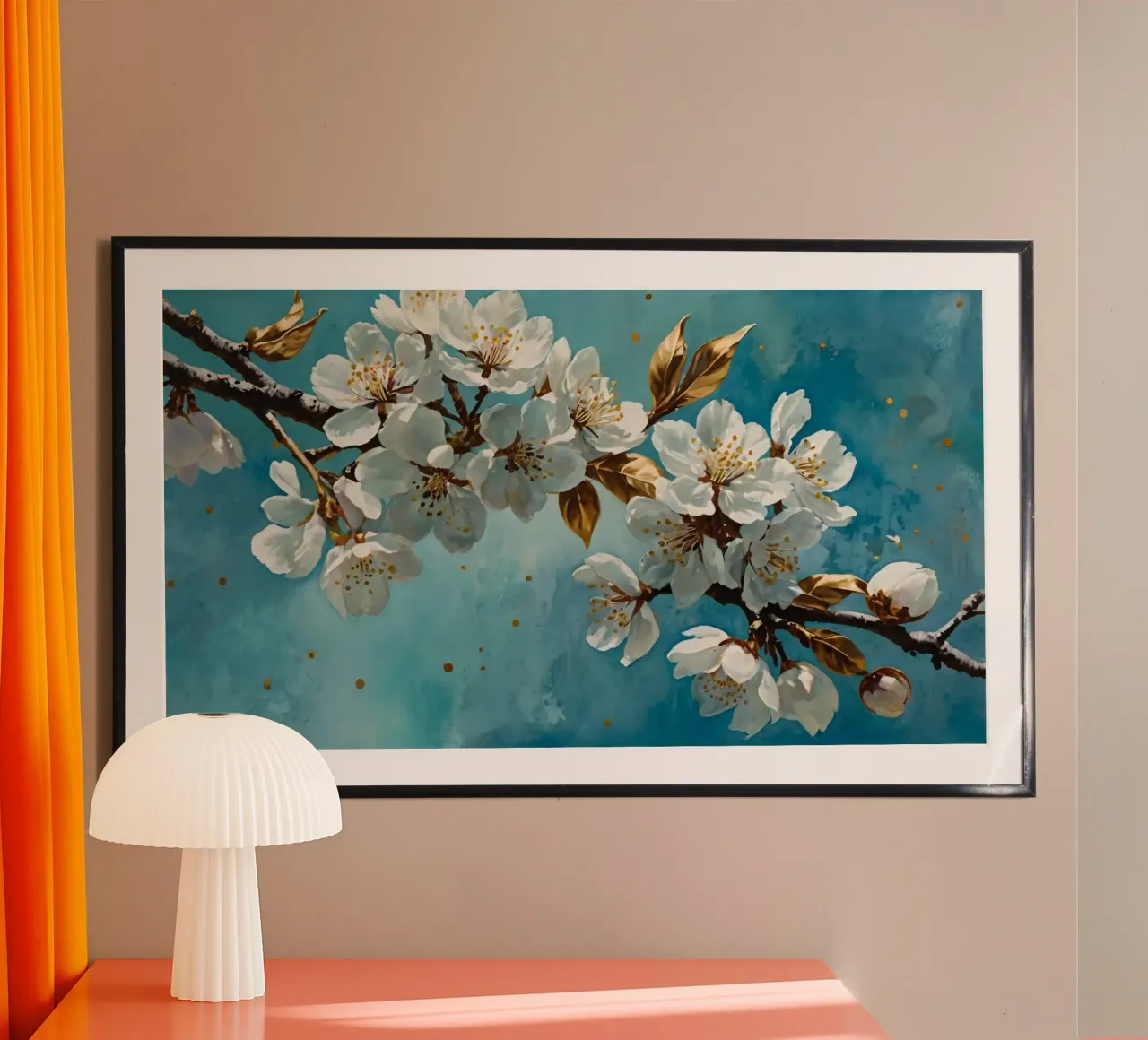 Ramo di ciliegio con fiori bianchi e foglie d'oro carta hahnemühle da DesignDoodle