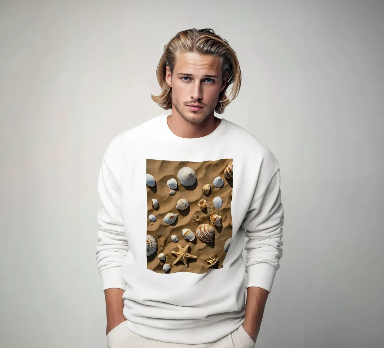 Una collezione di conchiglie e stelle marine sparse sulla sabbia felpa da DesignDoodle