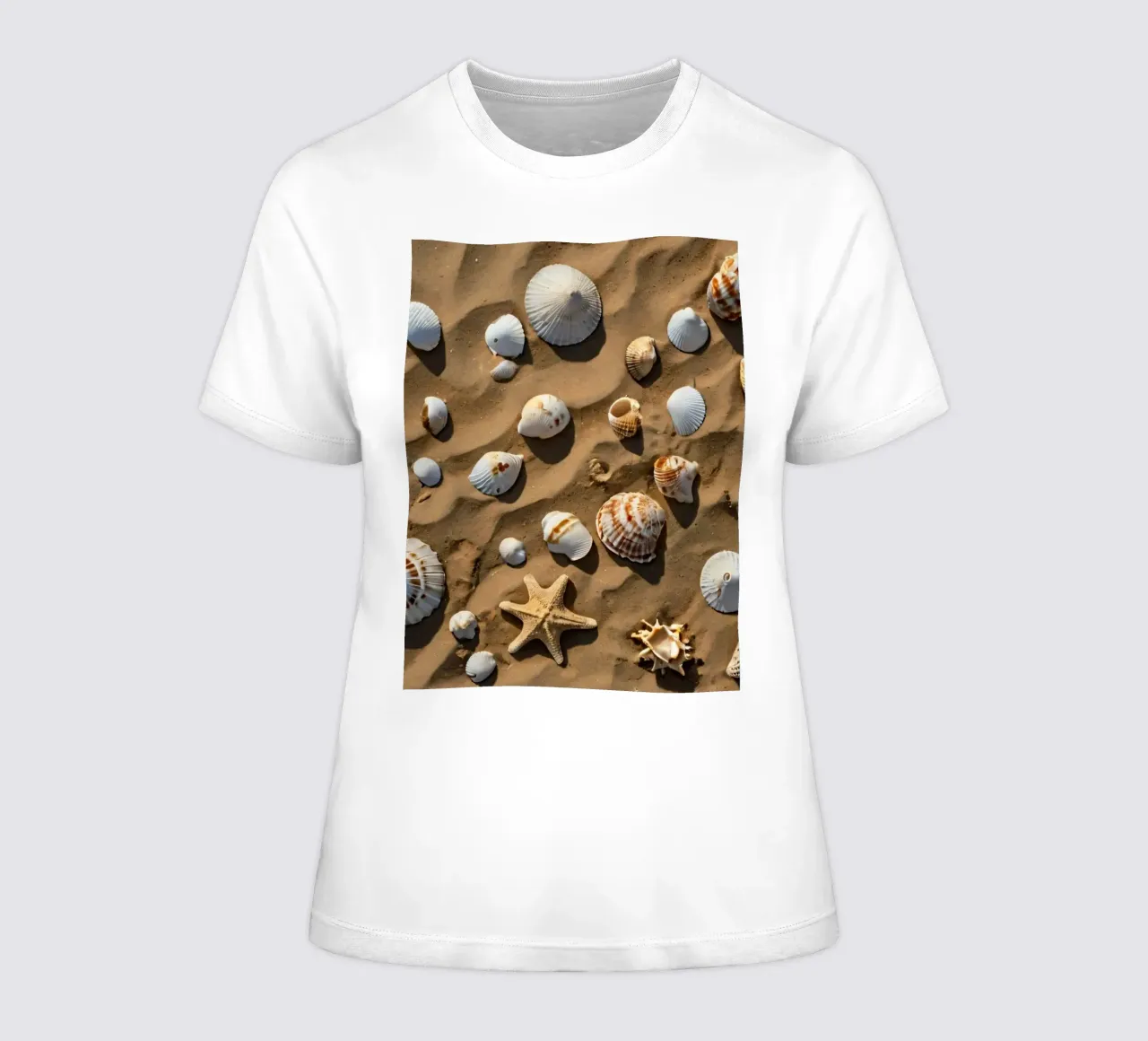 A collection of seashells and starfish scattered on sand women's fitted t-shirt by DesignDoodle