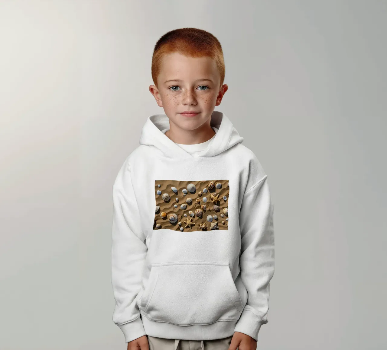 Una collezione di conchiglie e stelle marine sparse sulla sabbia felpa bambino con cappuccio da DesignDoodle